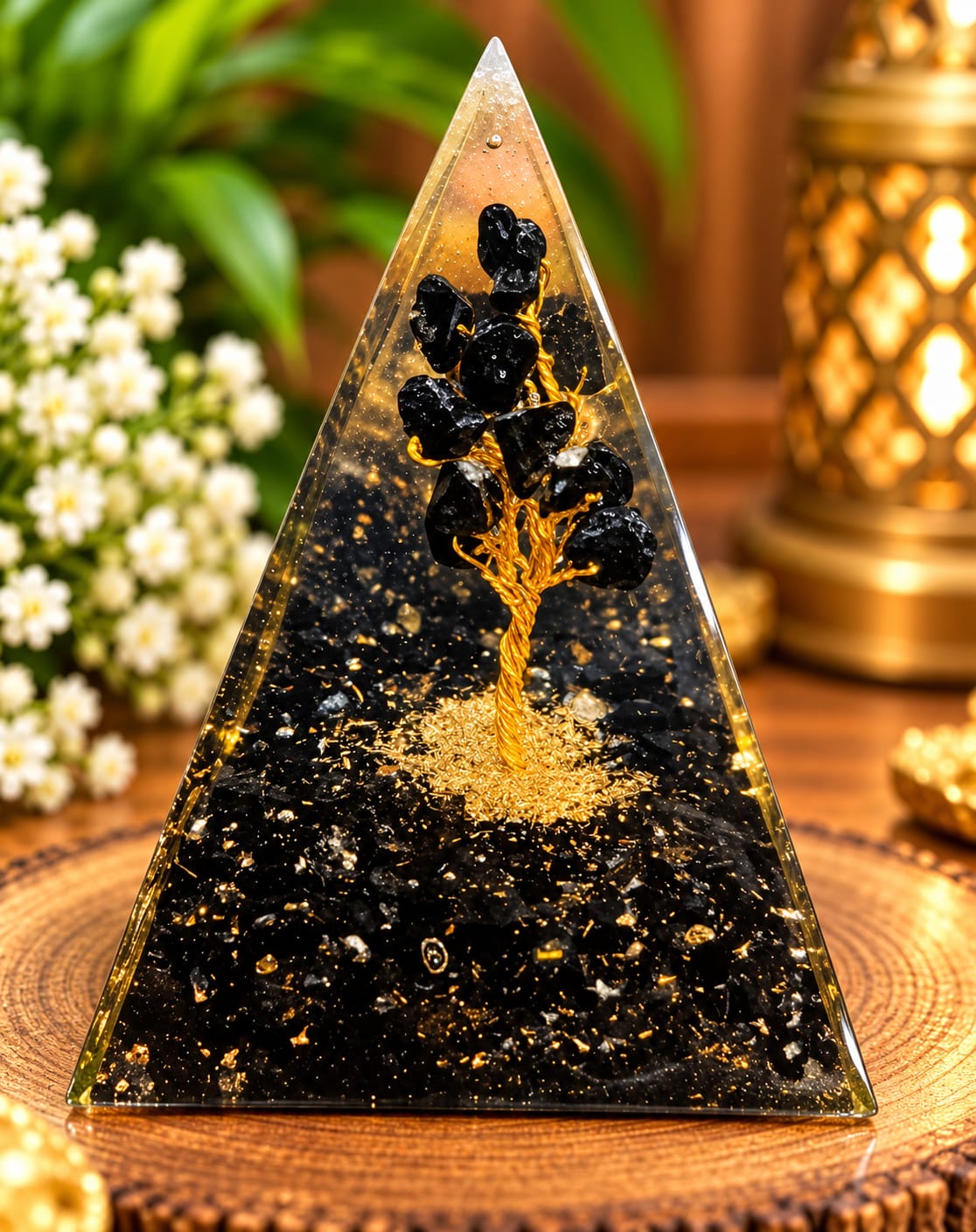 BLACK TOURMALINE TREE IN ORGONITE PYRAMID