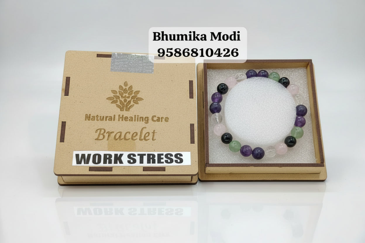 A work stress removal bracelet displayed in an open box with the name Bhumika Modi and a phone number visible, suggesting the product's purpose is for stress relief.