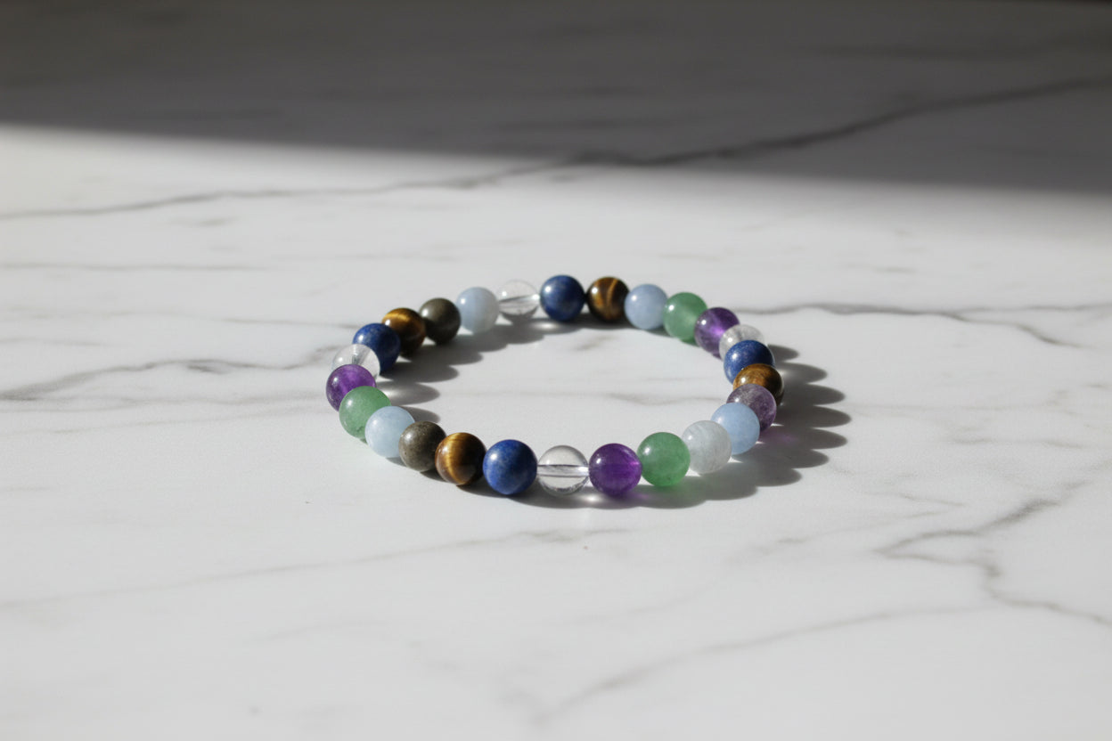 A memory loss bracelet displayed in an open box, with a label indicating it is for 'MEMORY LOSS' and includes contact information for Bhumika Modi.