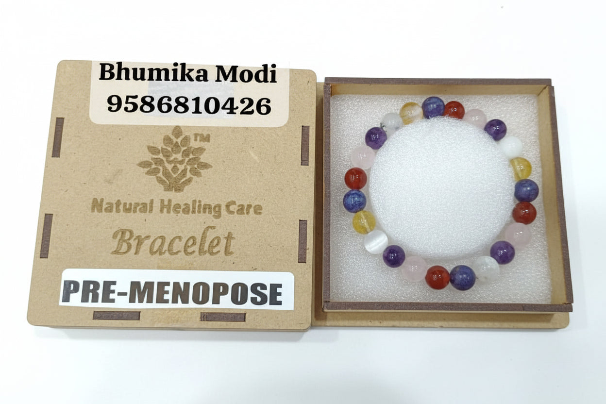 A Pre-Menopose bracelet displayed in a box with a label indicating it's for hormone balance, alongside a phone number.