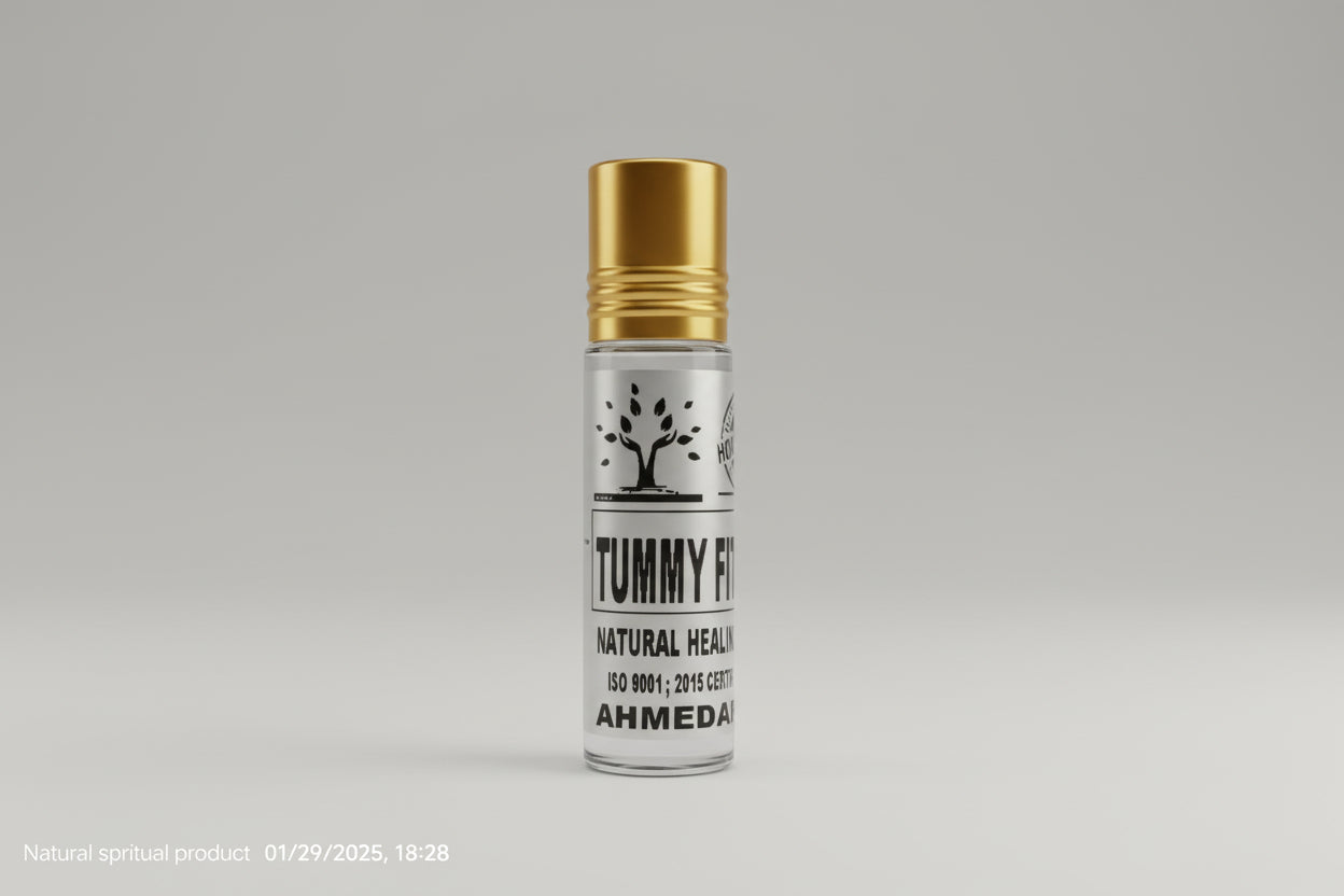 A roll-on bottle of Tummy Fitter Oil with a label that includes the brand name and the phrase 'Natural Health'. The background is red.