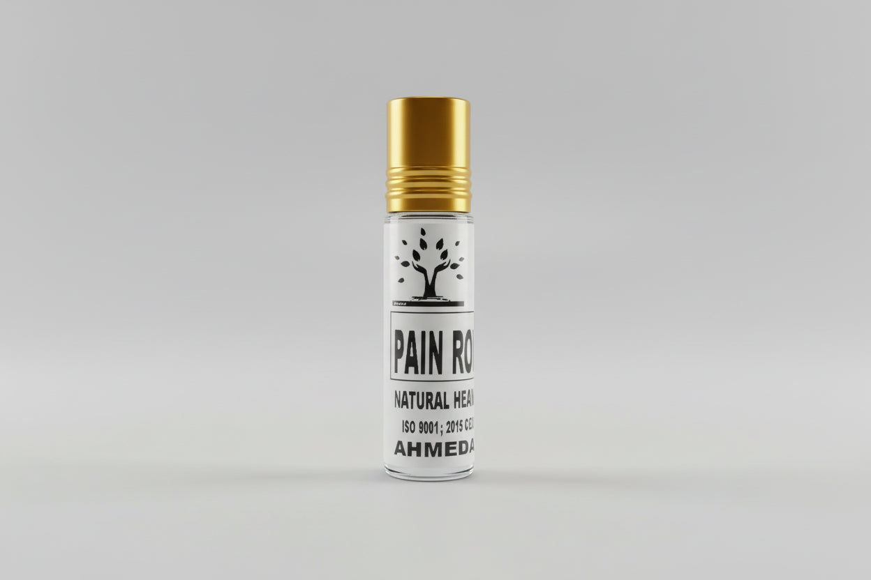 A roll-on bottle of Pain/ Fever Relief oil with a label that includes a tree and text, placed on a red background.
