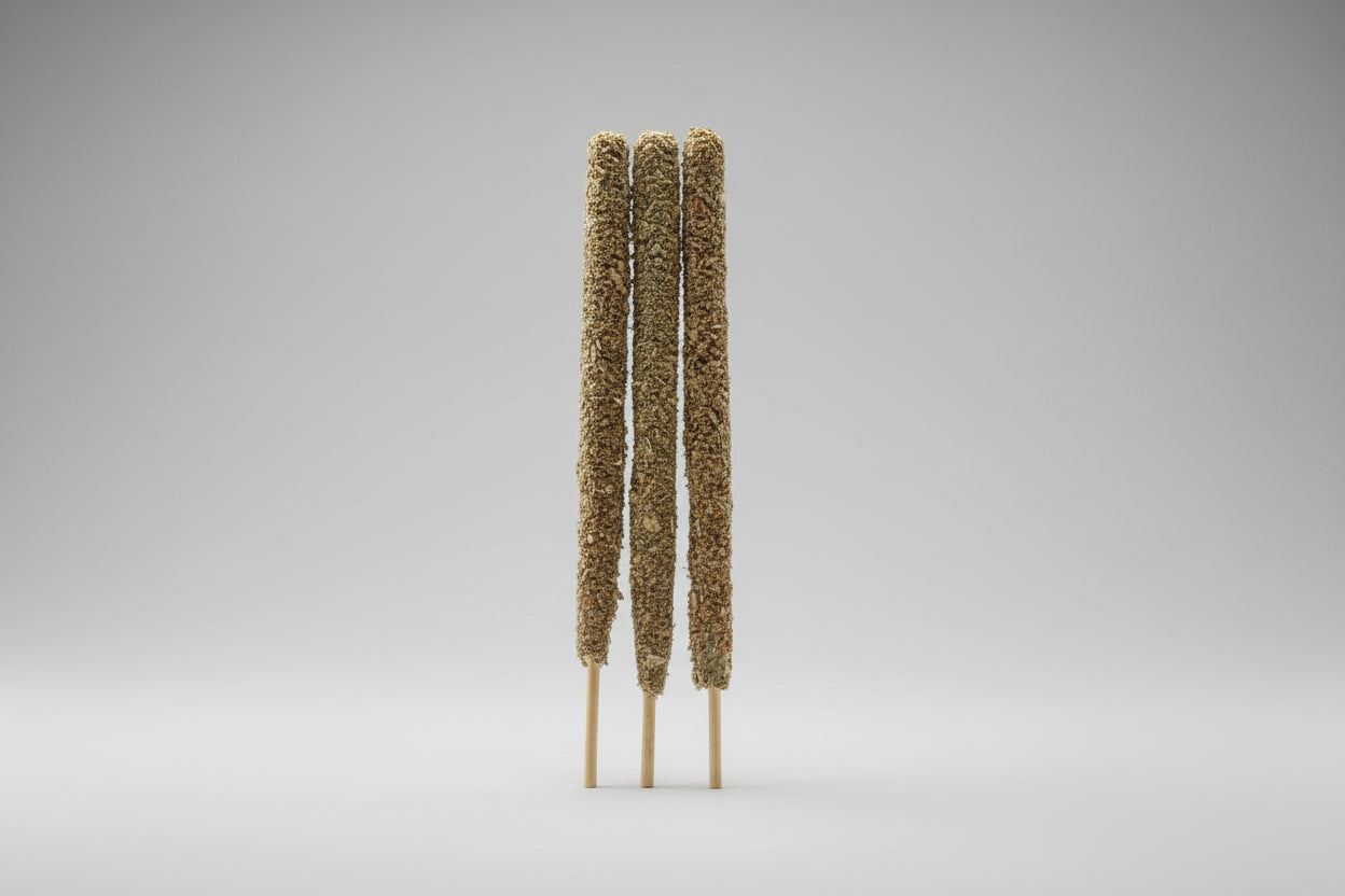 Three sage smudge sticks attached to wooden sticks, displayed upright against a white background.