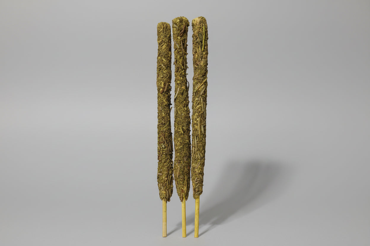 Three rosemary smudge sticks arranged vertically on a light background, labeled 'Obstacle removal (Rosemary).'