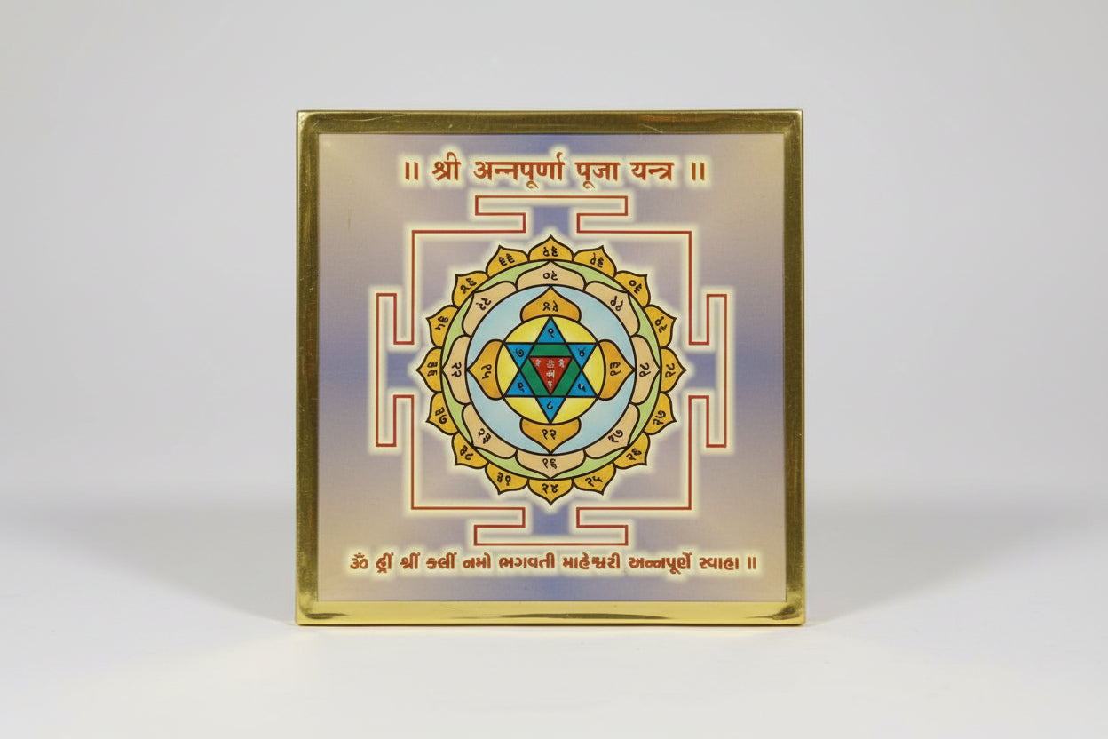A Shri Annapurna Yantra, featuring a geometric Hindu symbol, predominantly in gold, blue, and red colors, used for decorative purposes on household items.