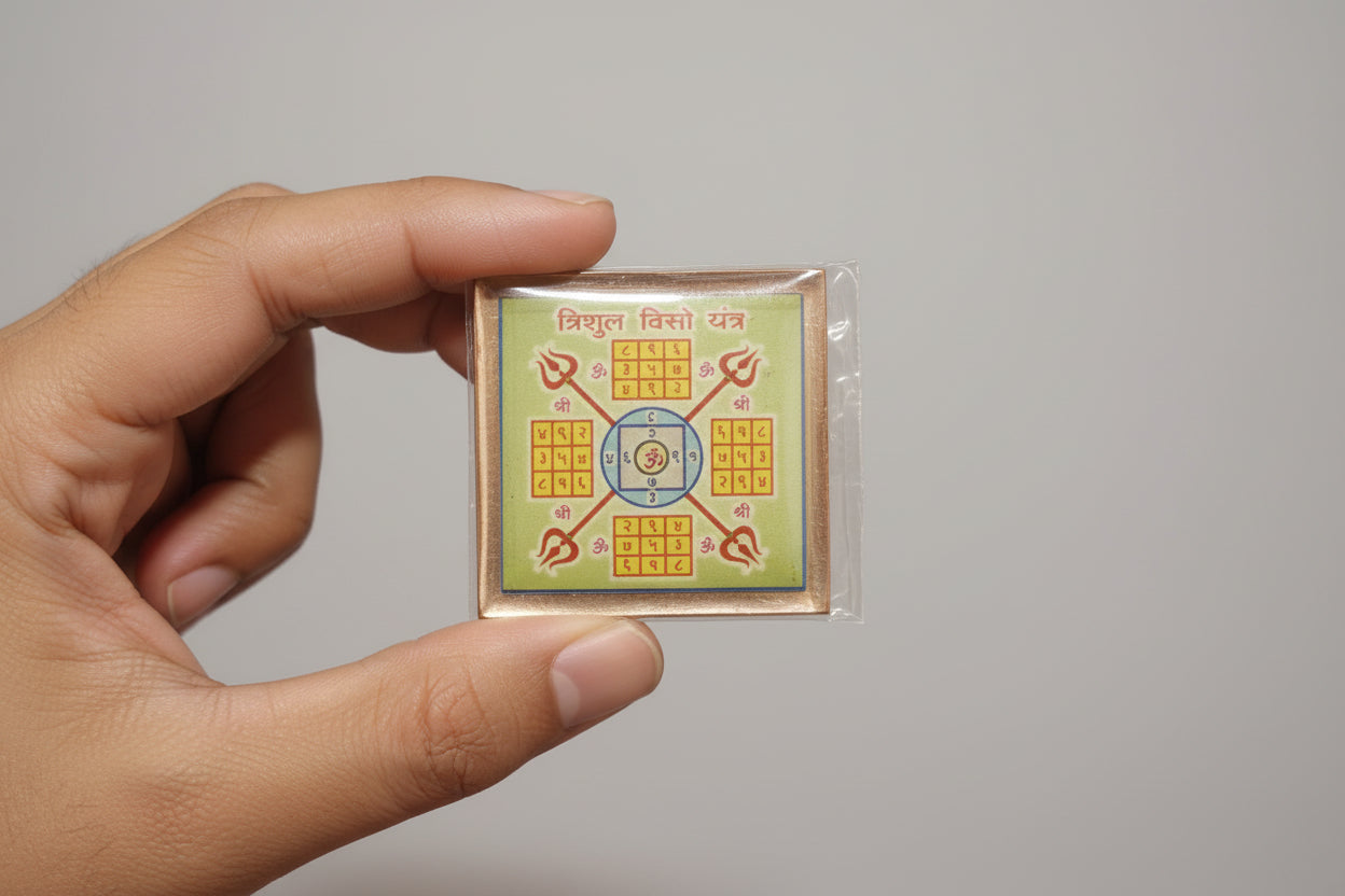 A hand holding a Trishul Beesa Yantra, which is a colorful geometric pattern believed to have spiritual significance.