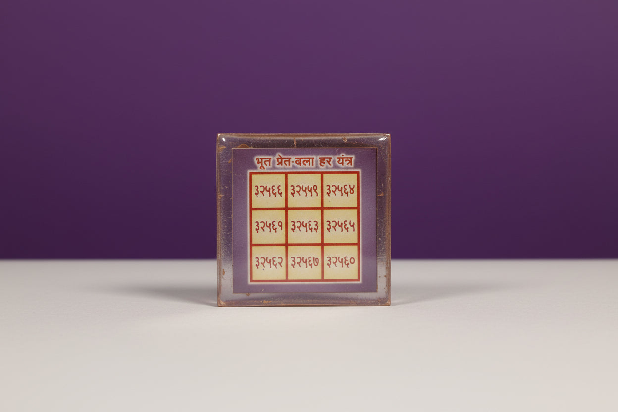 A hand holding a protective yantra called Bhut Pret Bala Har Yantra, with numbers arranged in a grid pattern on a purple background, enclosed in a clear plastic case.