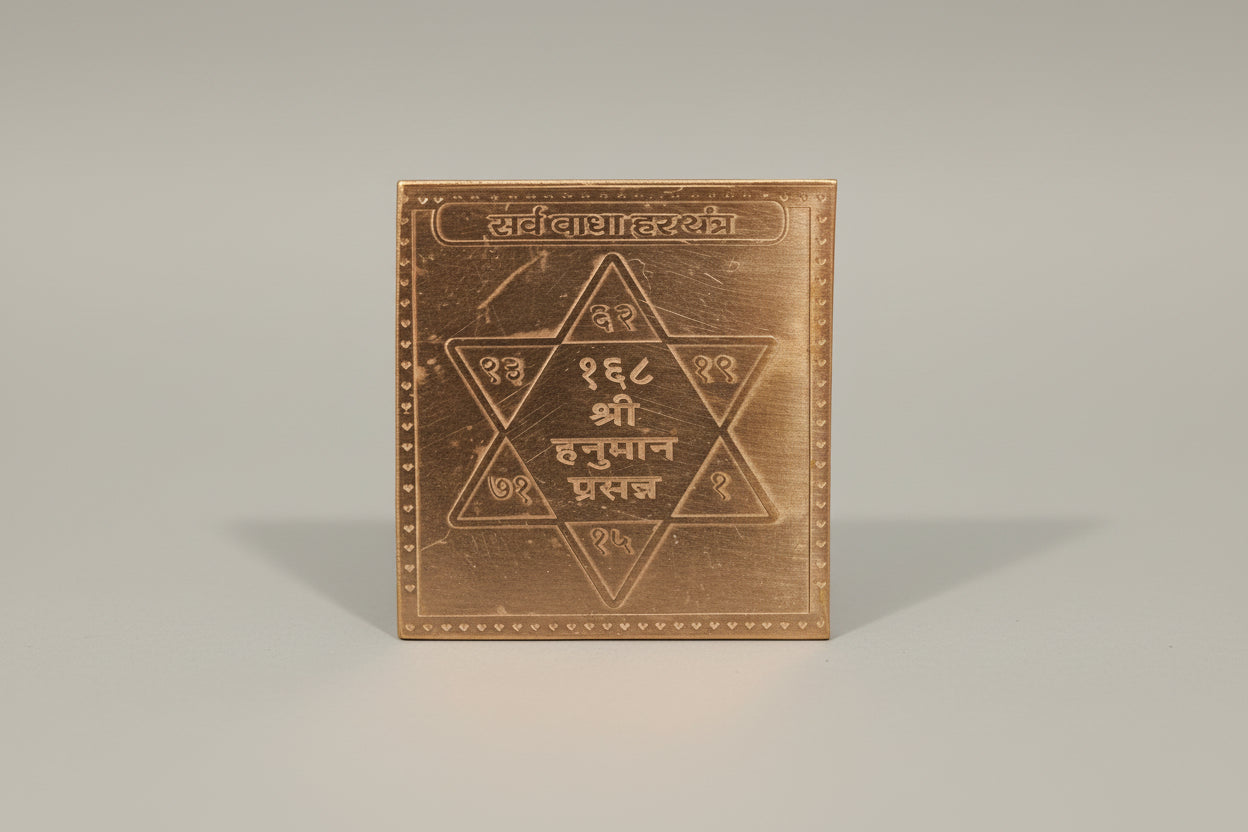 A close-up of a Sarv Badha Har Yantra, which is a geometric design in bronze color with sacred Sanskrit script.