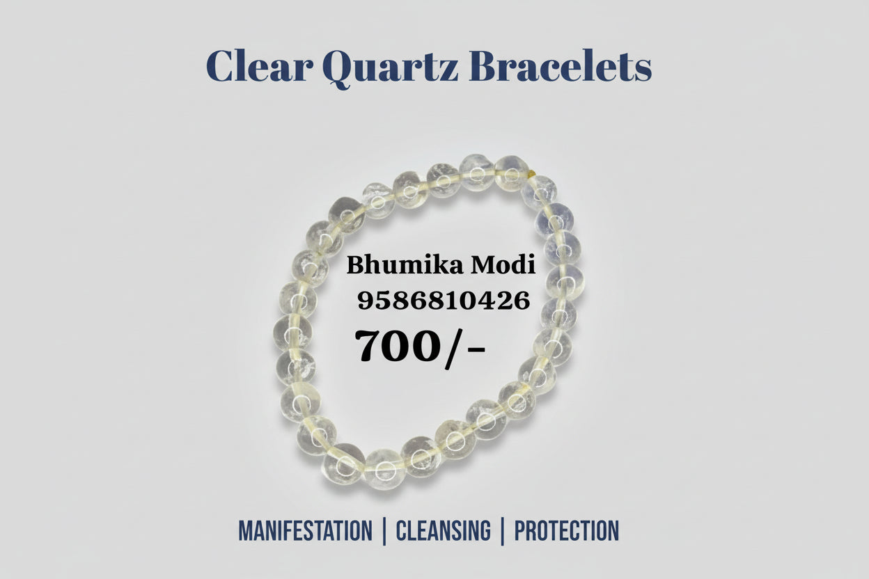 A promotional image featuring a clear quartz bracelet with text highlighting its benefits such as manifestation, cleansing, and protection.