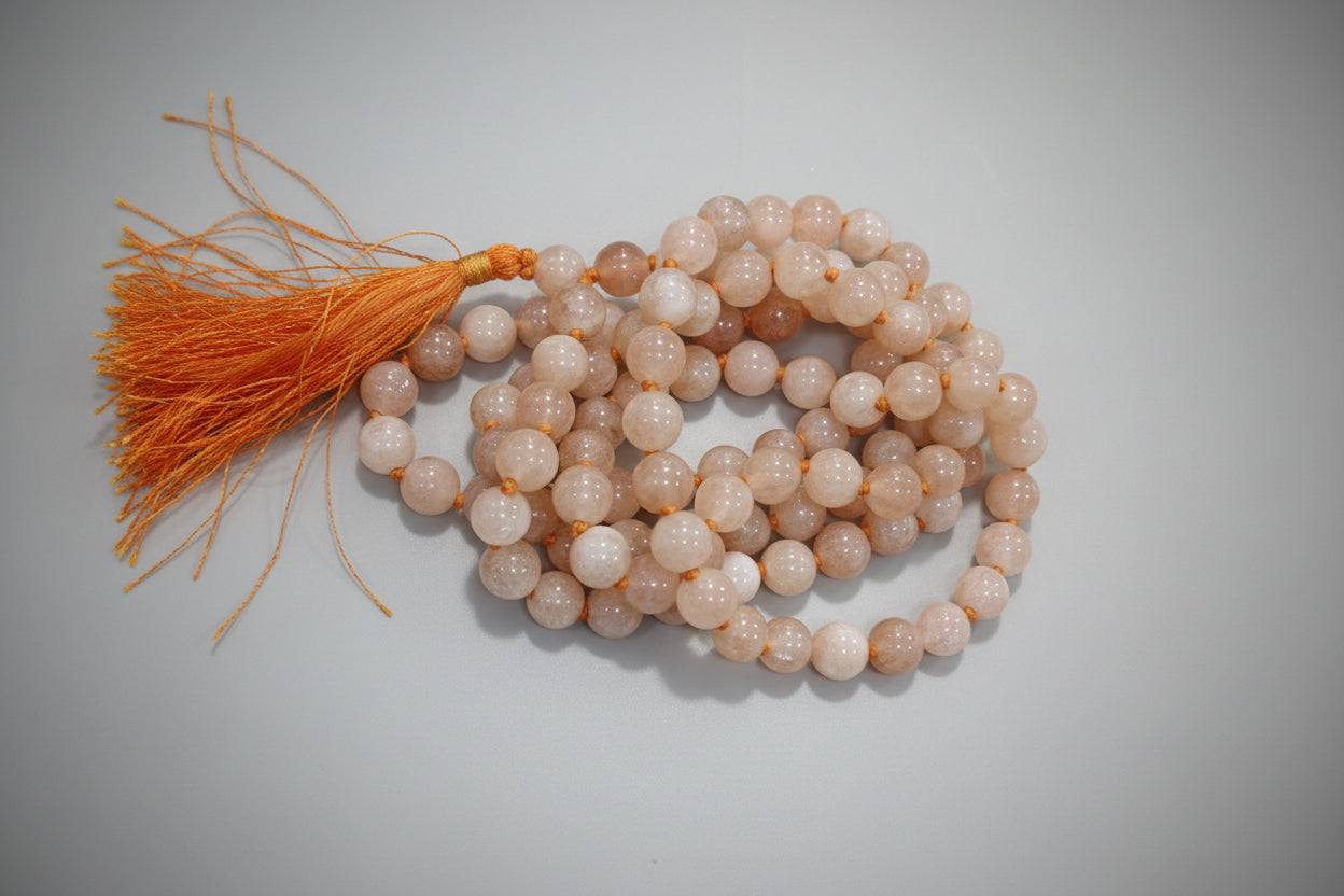 A sunstone japmala with round beads and a red background, marked with text indicating the birthdate 1, 10, 19, 28 and the name 'Surya' indicating a connection to the Sun.