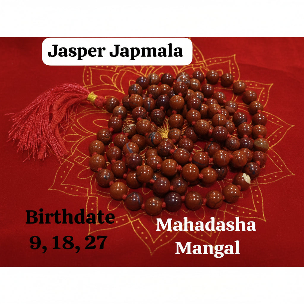 A Jasper Japmala with red beads and a red tassel, displayed on a red background. The text on the image mentions 'Jasper Japmala', 'Birthdate 9, 18, 27', and 'Mangal Mahadasha'.