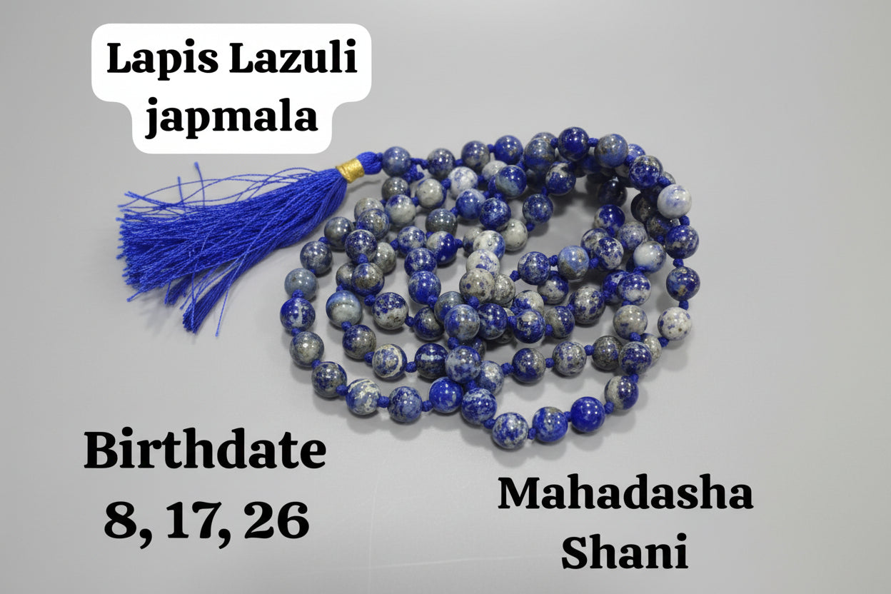 A Lapis Lazuli Japmala with blue and white beads, displayed on a red background, along with text highlighting the birthdates 8, 17, 26 and the name 'Mahadasha Shani'.