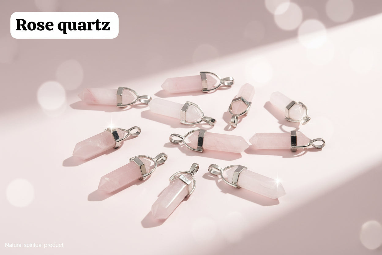 A collection of rose quartz pencil-shaped pendants with silver metal caps and loops, displayed on a brown textured surface.