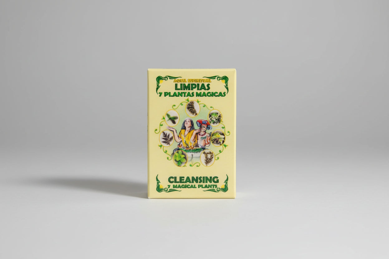 Packaging of Cleansing 7 Magical Plants Soap with illustrations of plants and a butterfly, set against a yellow background. The packaging has the brand name 'Indio' at the bottom.
