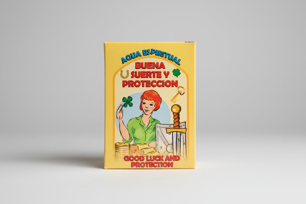 Packaging of 'Goodluck And Protection Soap' featuring an illustration of a woman with a green shirt and a four-leaf clover, alongside a sword and a book.