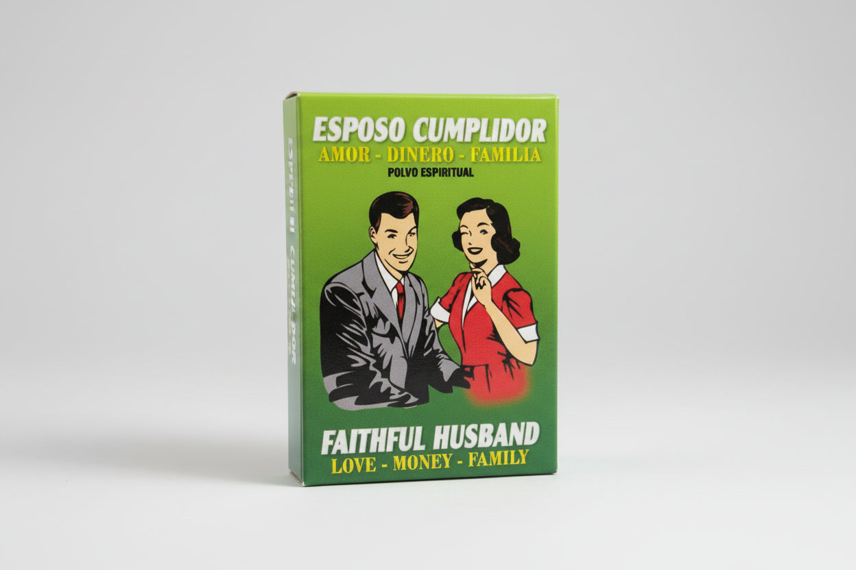 Packaging of 'Faithful Husband Soap' featuring an illustration of a man and a woman smiling, with the man giving a present to the woman. The text on the packaging is in Spanish and English, highlighting themes of love, money, and family.