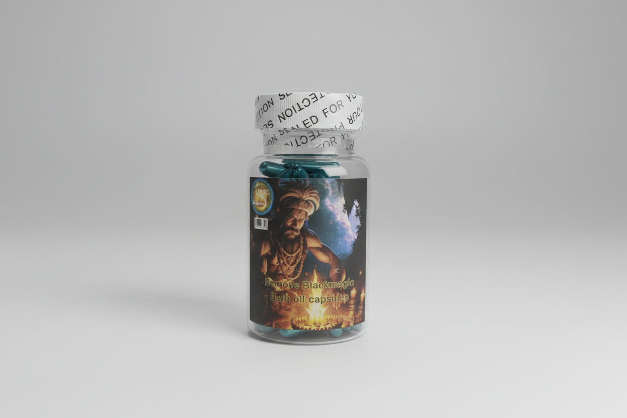 A jar containing bath oil capsules with a label depicting a figure in a mystical setting, intended for removing black magic and obstacles.