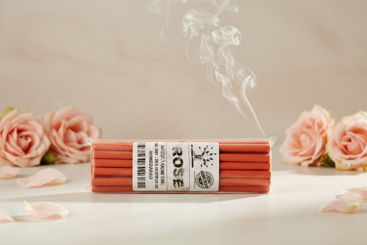 A pack of Rose Dhoop Sticks with the brand name visible, used for aromatherapy and spiritual purposes.