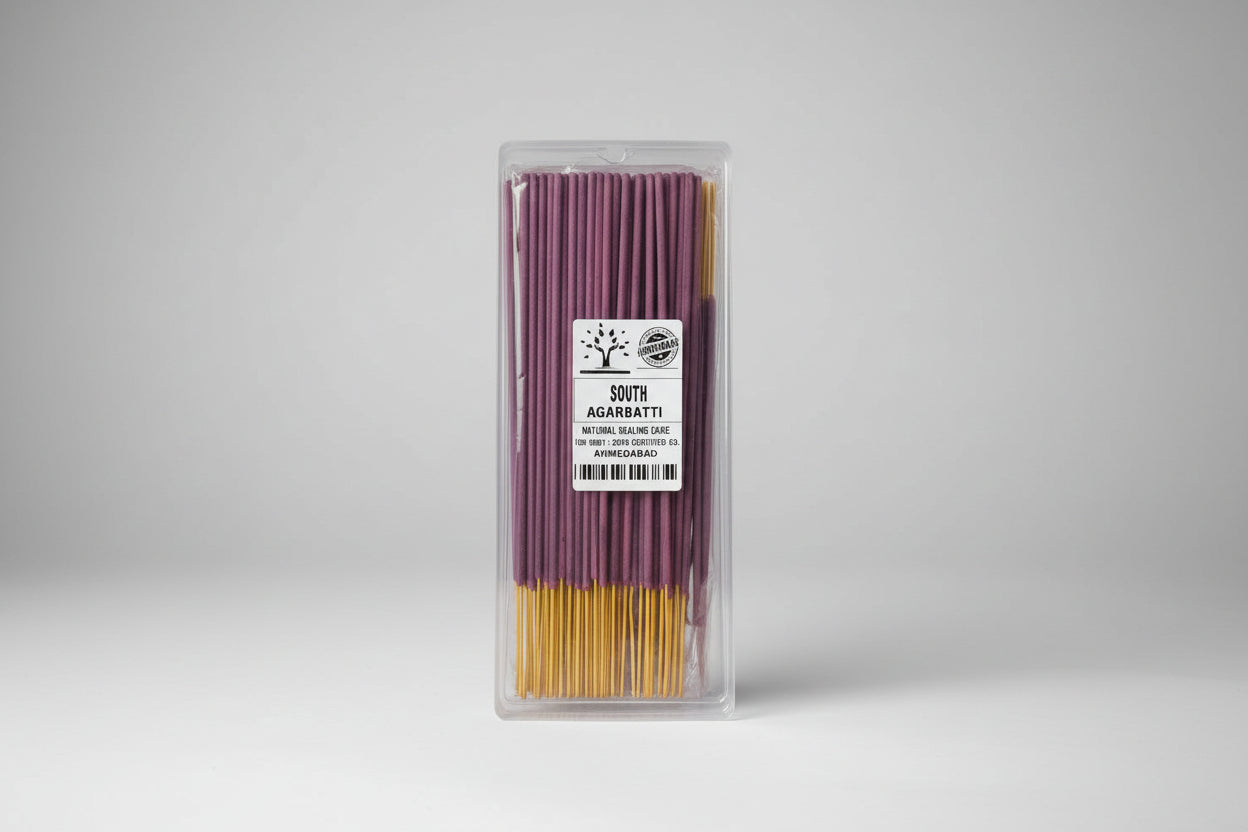 A pack of incense sticks labeled 'South Direction Agarbatti' in a clear plastic packaging.