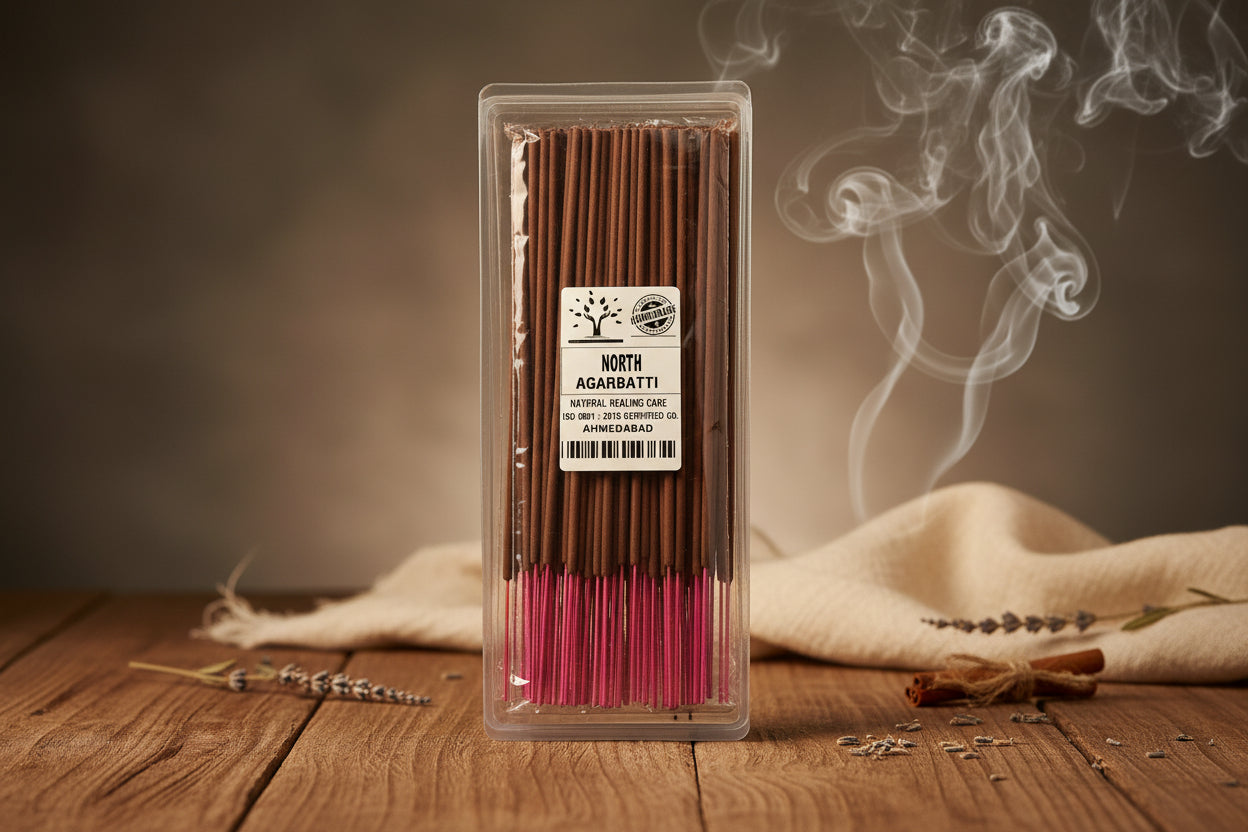 A pack of incense sticks labeled 'North Direction Agarbatti' with pink tips and a label indicating they are used for attracting wealth and prosperity.