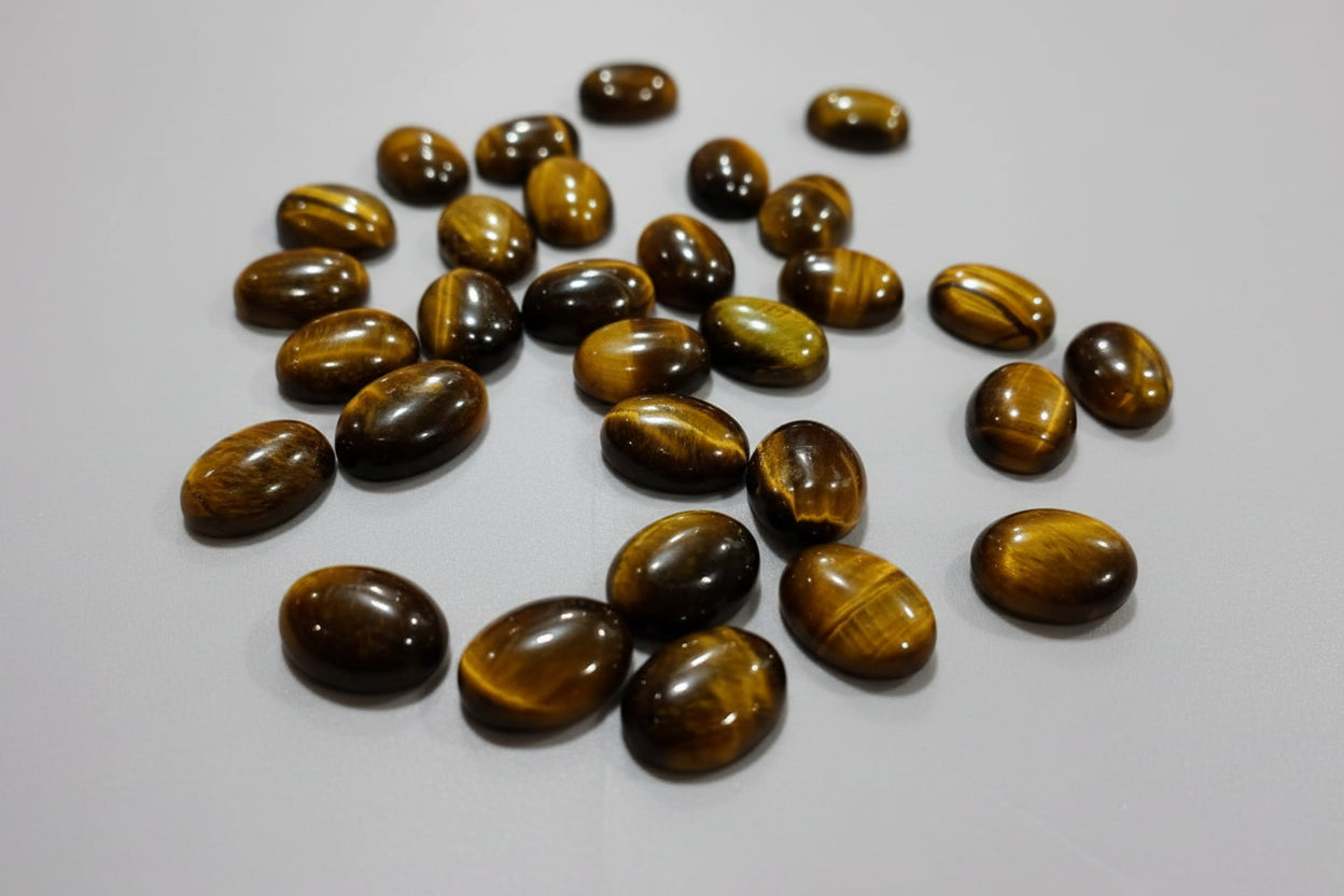 A collection of Tiger's Eye stones scattered on a red surface.
