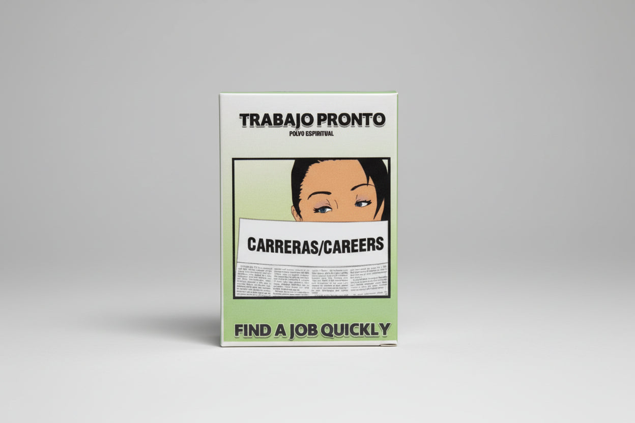A packaged bar of soap labeled 'Trabajo Pronto Carreras/Careers' indicating a job searching theme, placed on a beige surface.