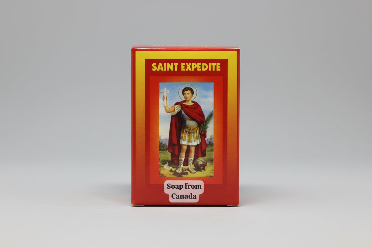 Packaged Saint Expedite soap with an image of the saint on the box, labeled 'Soap from Canada'.