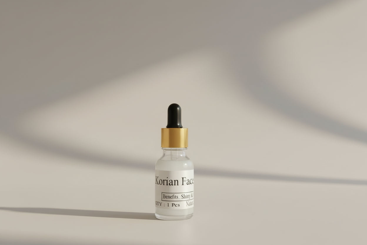 A clear glass bottle with a dropper containing a face serum, labeled 'Korian Face Serum'.