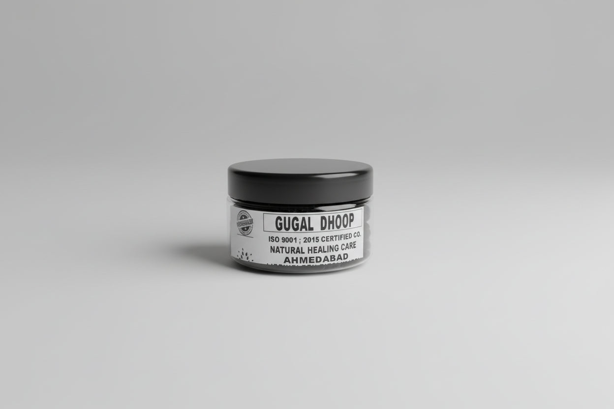 A jar of Gugal Dhoop powder with a label that includes the brand name and ISO certification details, placed on a wooden surface.