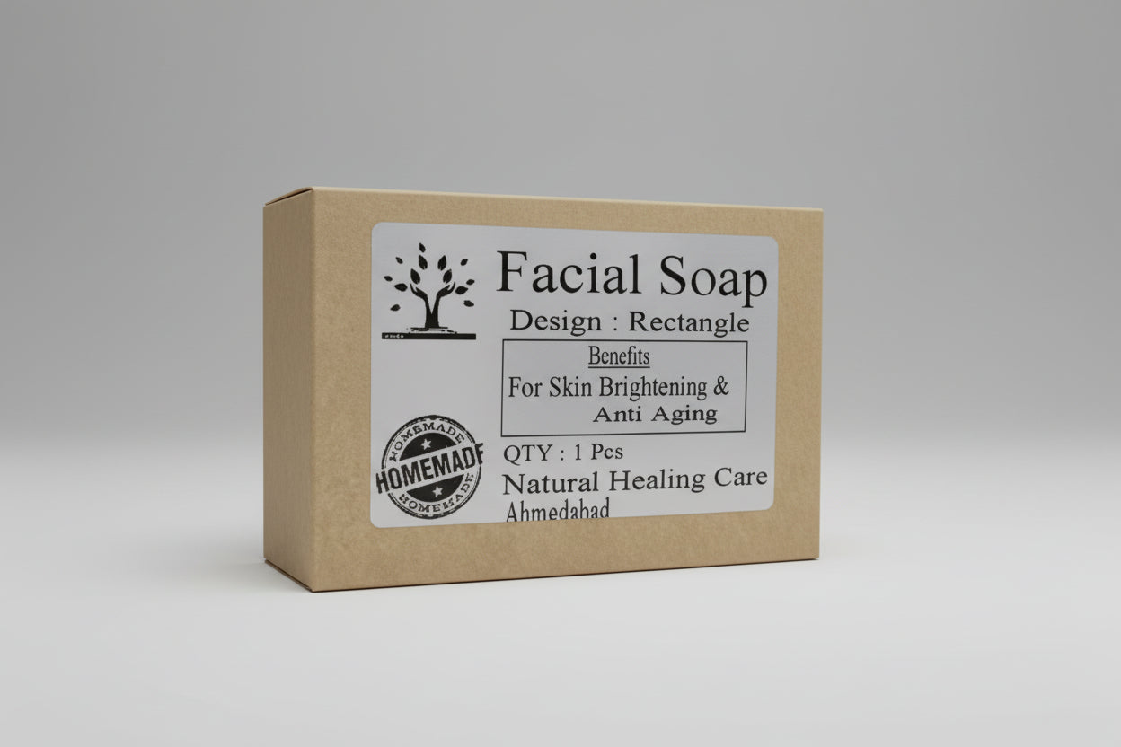 A packaged bar of facial soap with a label that includes the brand name 'Natural Healing Care' and benefits such as 'Skin Brightening & Anti-Aging'. The packaging is brown with white and black text and graphics, including a tree silhouette.
