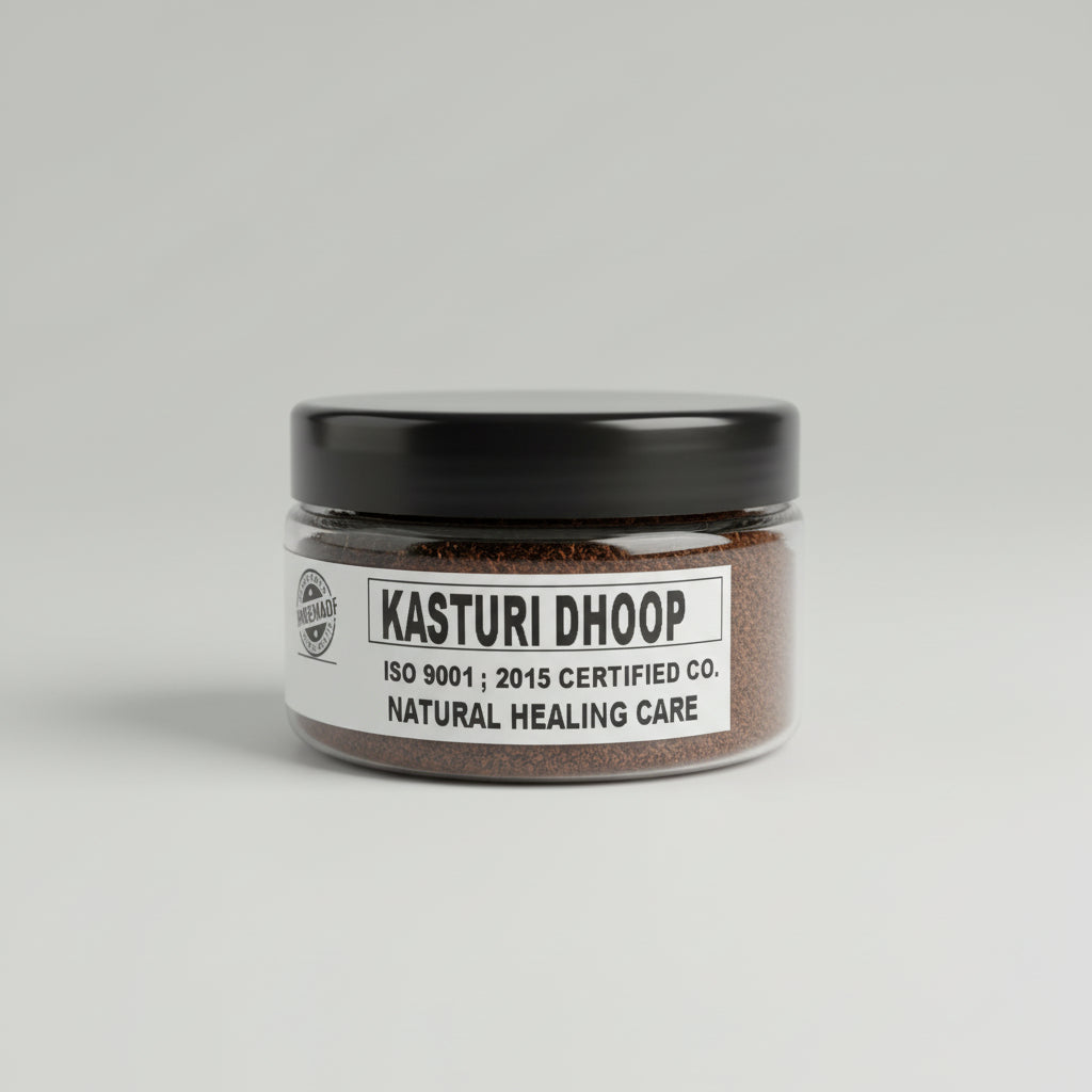 A glass jar with a black lid labeled 'KASTURI DHOOP' Powder', with a price tag in front reading '350'.