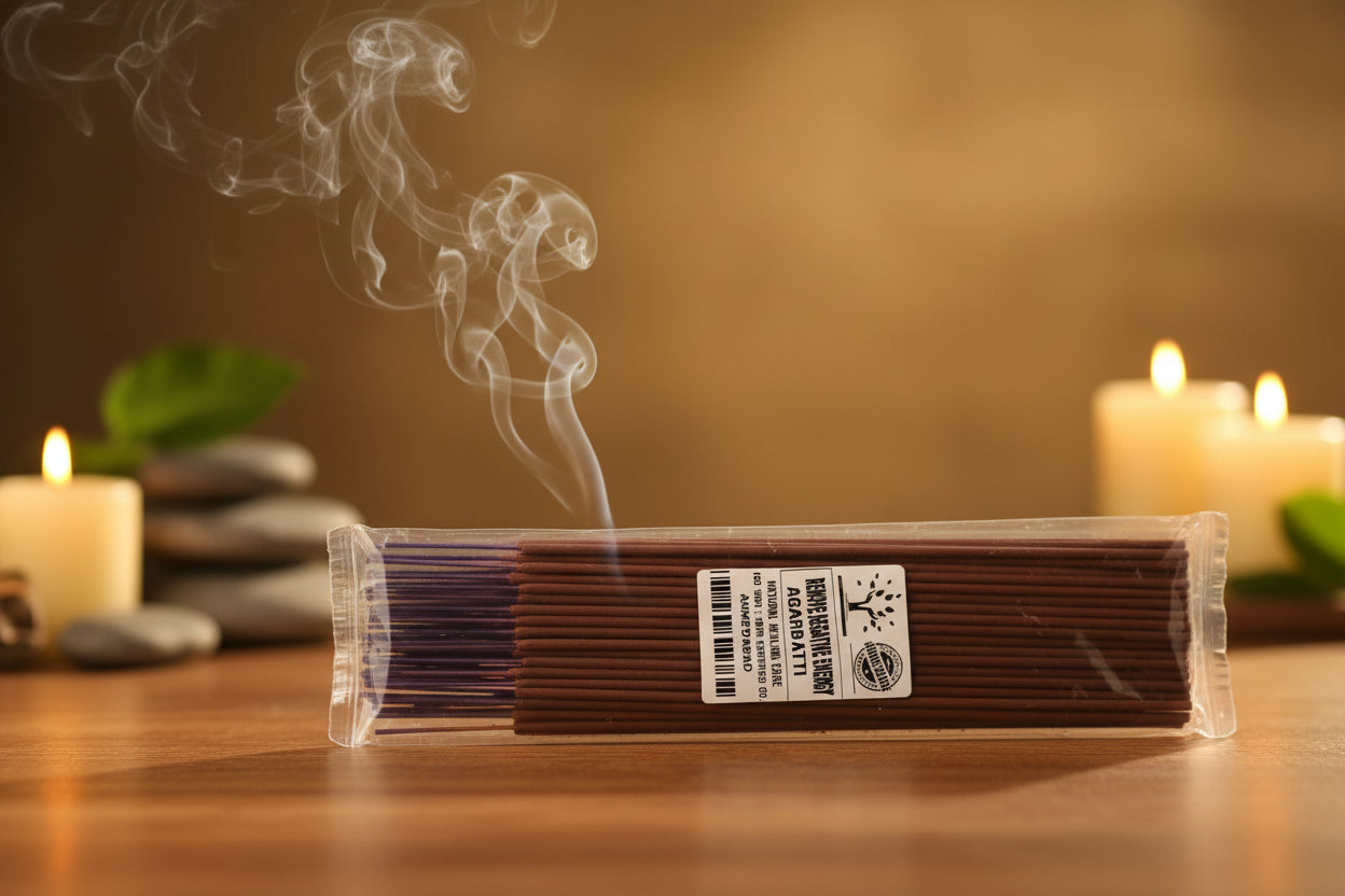 Packaging of 'Remove Negative Energy Agarbatti' incense sticks with a label showing the product name and benefits such as cleansing negative energy and enhancing positivity.
