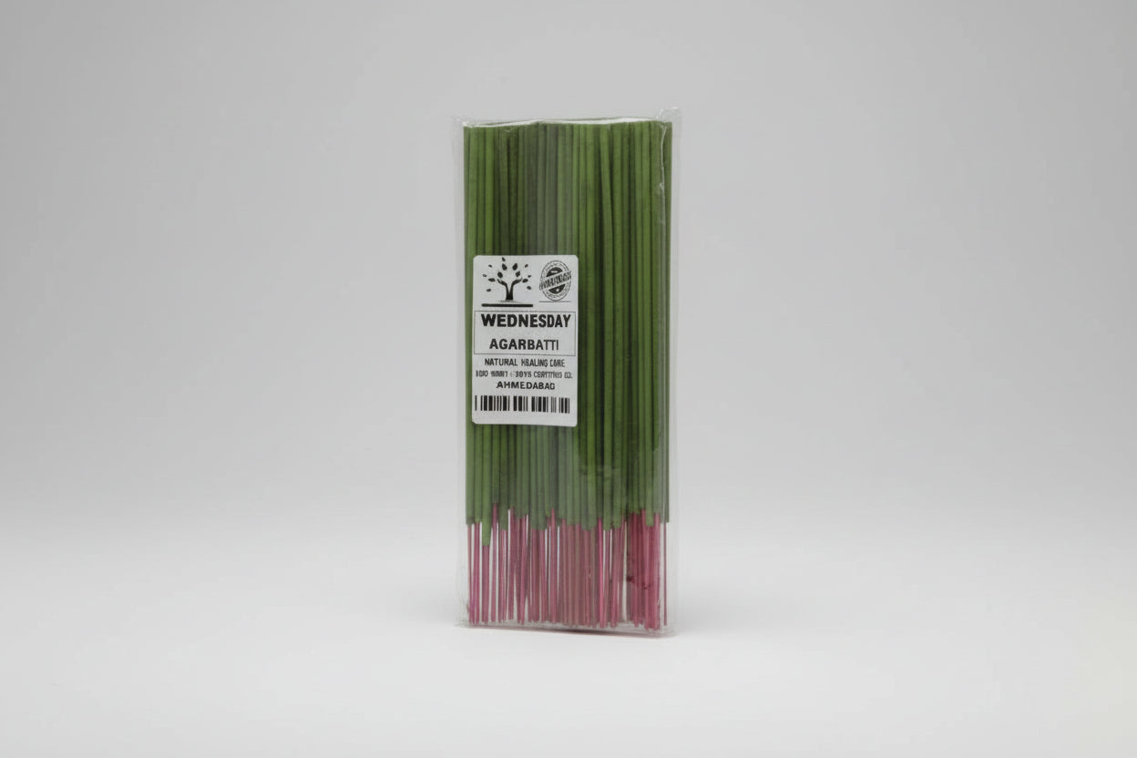 A pack of incense sticks labeled 'Wednesday Agarbatti' with a green and pink color scheme, indicating they are intended for use on Wednesday according to a weekly schedule.