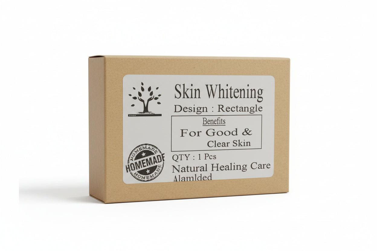 Packaging of Skin Whitening Soap with label stating benefits such as brightening and even tone skin, reduced dark spots, and nourishment with natural ingredients.