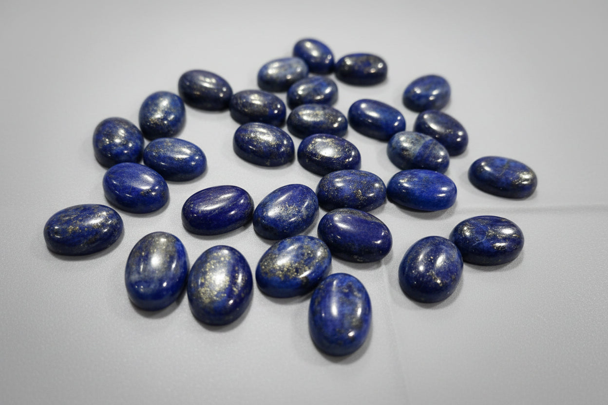 A collection of Lapis Lazuli stones displayed on a red surface.