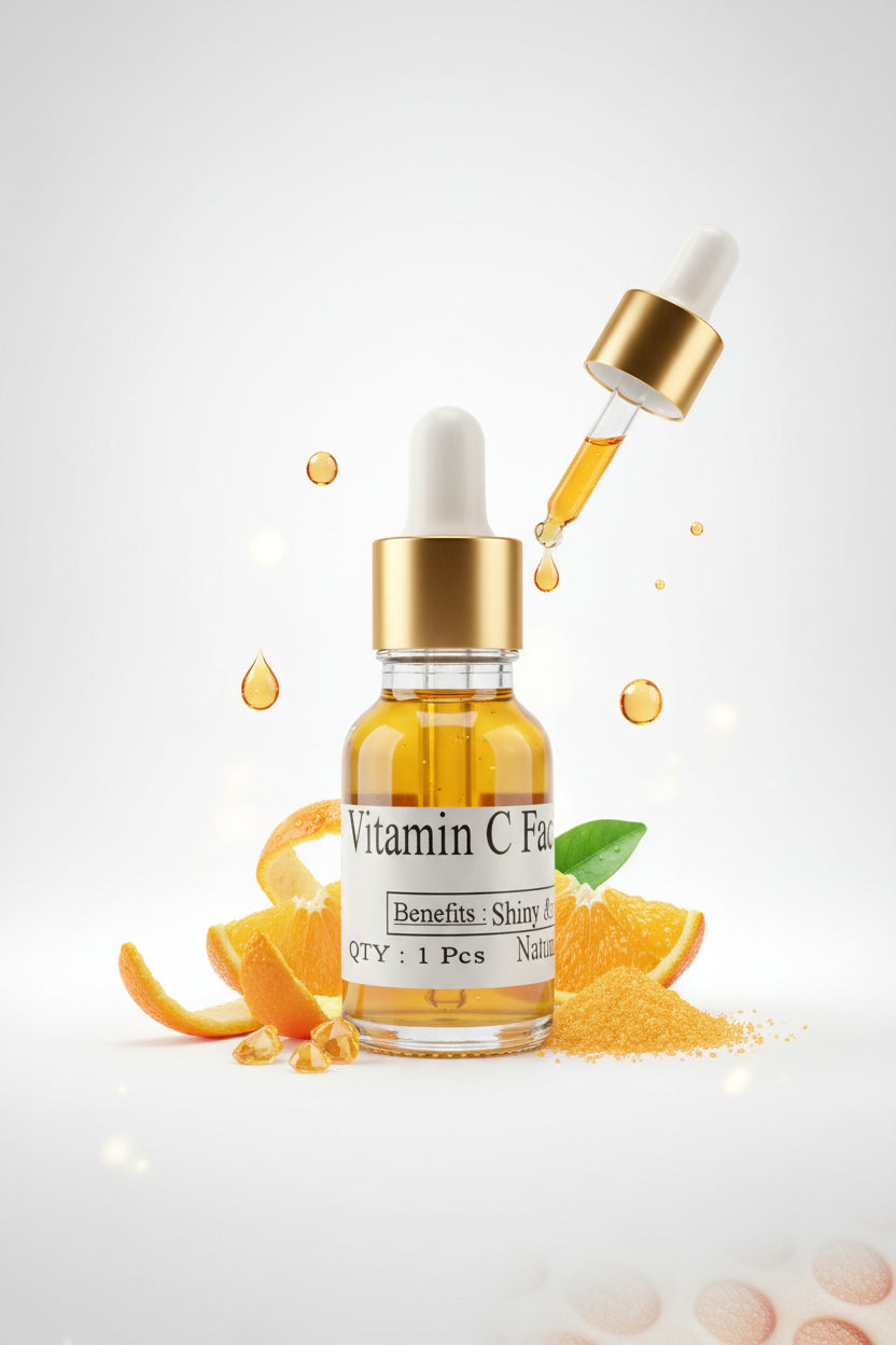 Vitamin C facial serum bottle on a wooden surface with a blurred background