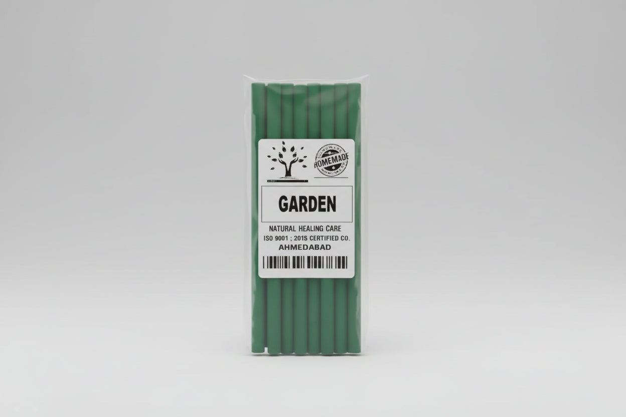A pack of Garden Dhoop Sticks with a label indicating 'Natural Healing Care' and 'ISO 9001: 2015 Certified'.