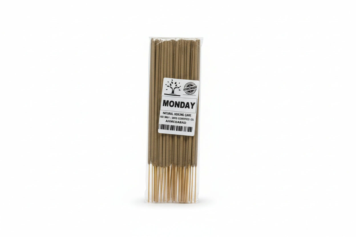 Packaged agarbatti (incense sticks) labeled for Monday with additional labels indicating the days of the week and their associated benefits.