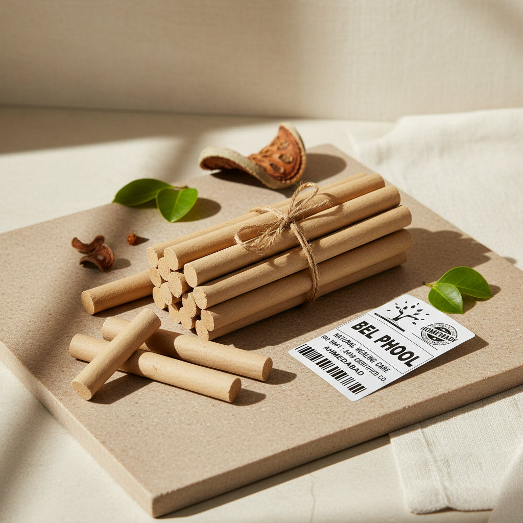 Packaging of Bel Phool Dhoop Sticks, with branding and certification logos, indicating the product is organic.