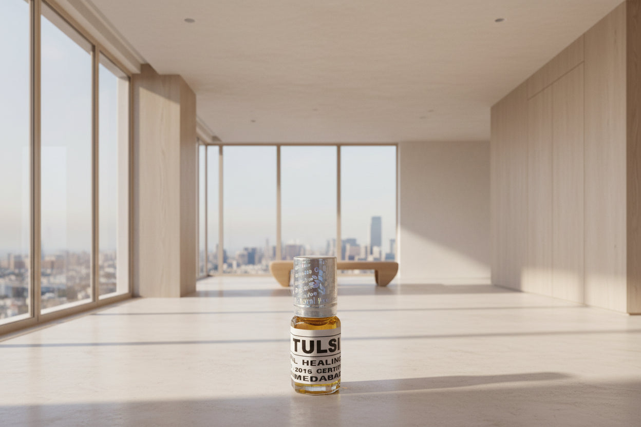 Small bottle labeled 'Tulsi' on a red surface