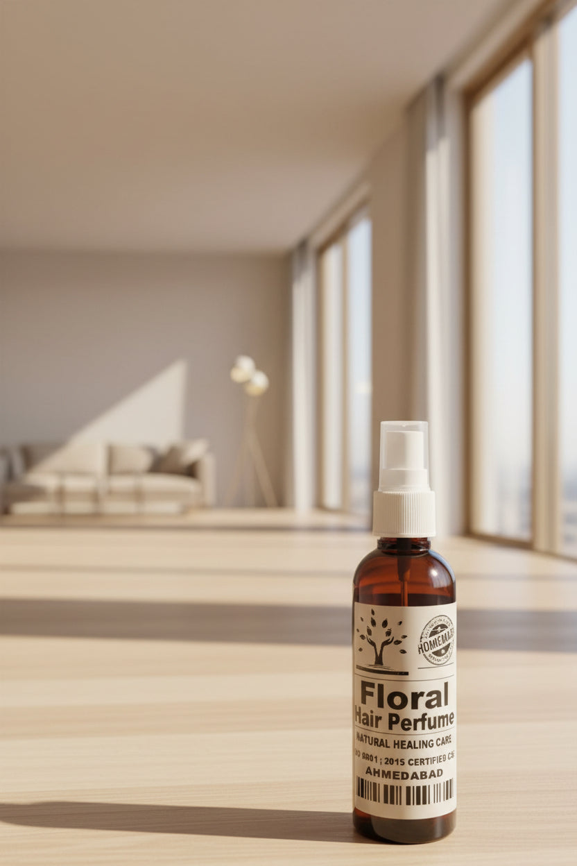 Bottle of 'Floral Hair Perfume' on a desk with a blurred background