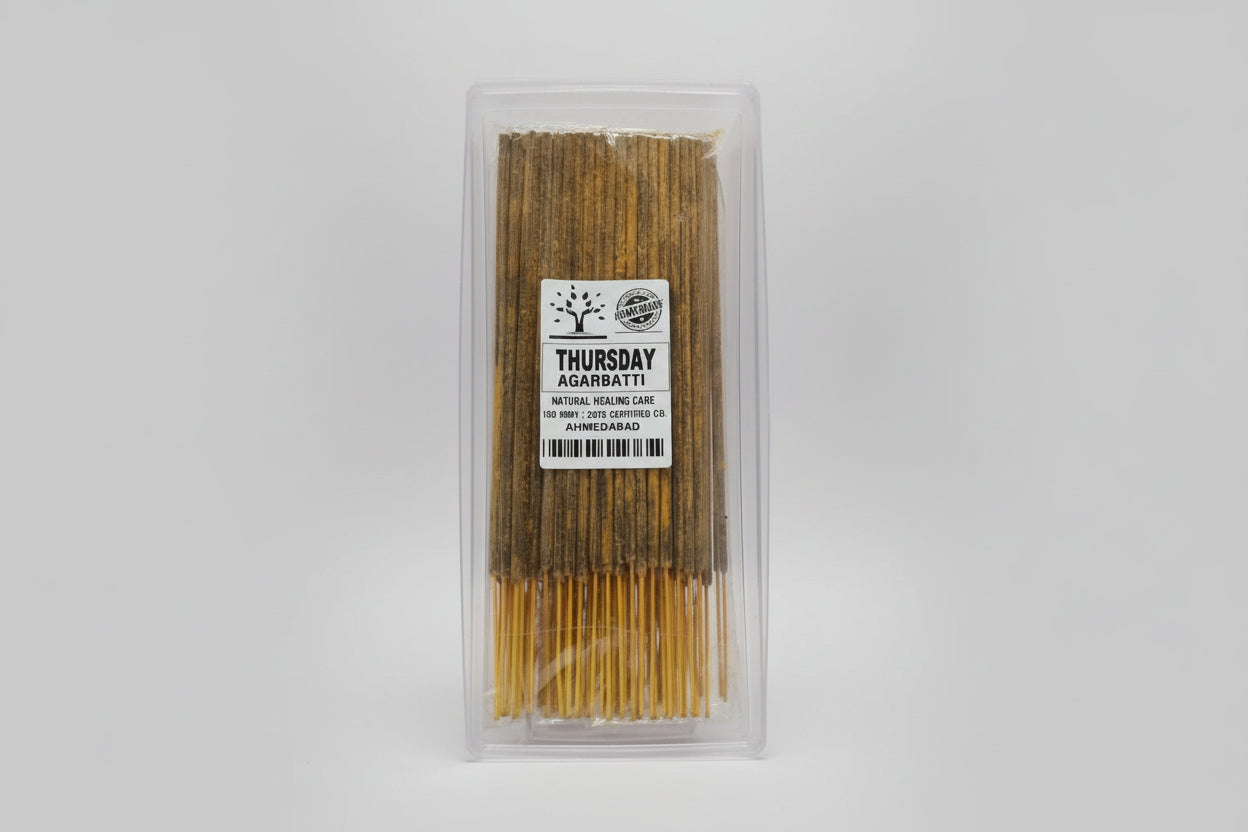 A pack of Thursday Agarbatti incense sticks in a plastic packaging with a label displaying the product name and the brandNatural Healing Care.