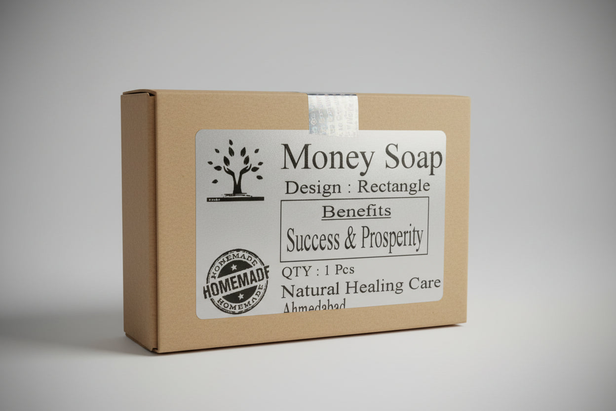 A packaged bar of Money Soap with a label stating its benefits for success and prosperity, handmade, and natural healing care.
