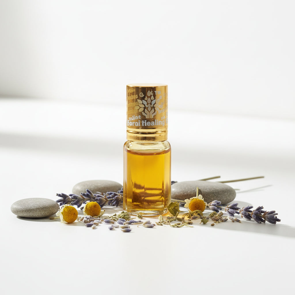 Small glass bottle with a red liquid on a red surface with a colorful object in the background