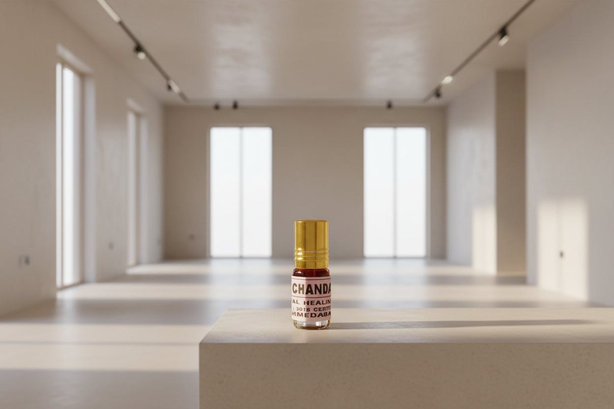 Small bottle labeled 'Chandar' on a red surface with a blurred background
