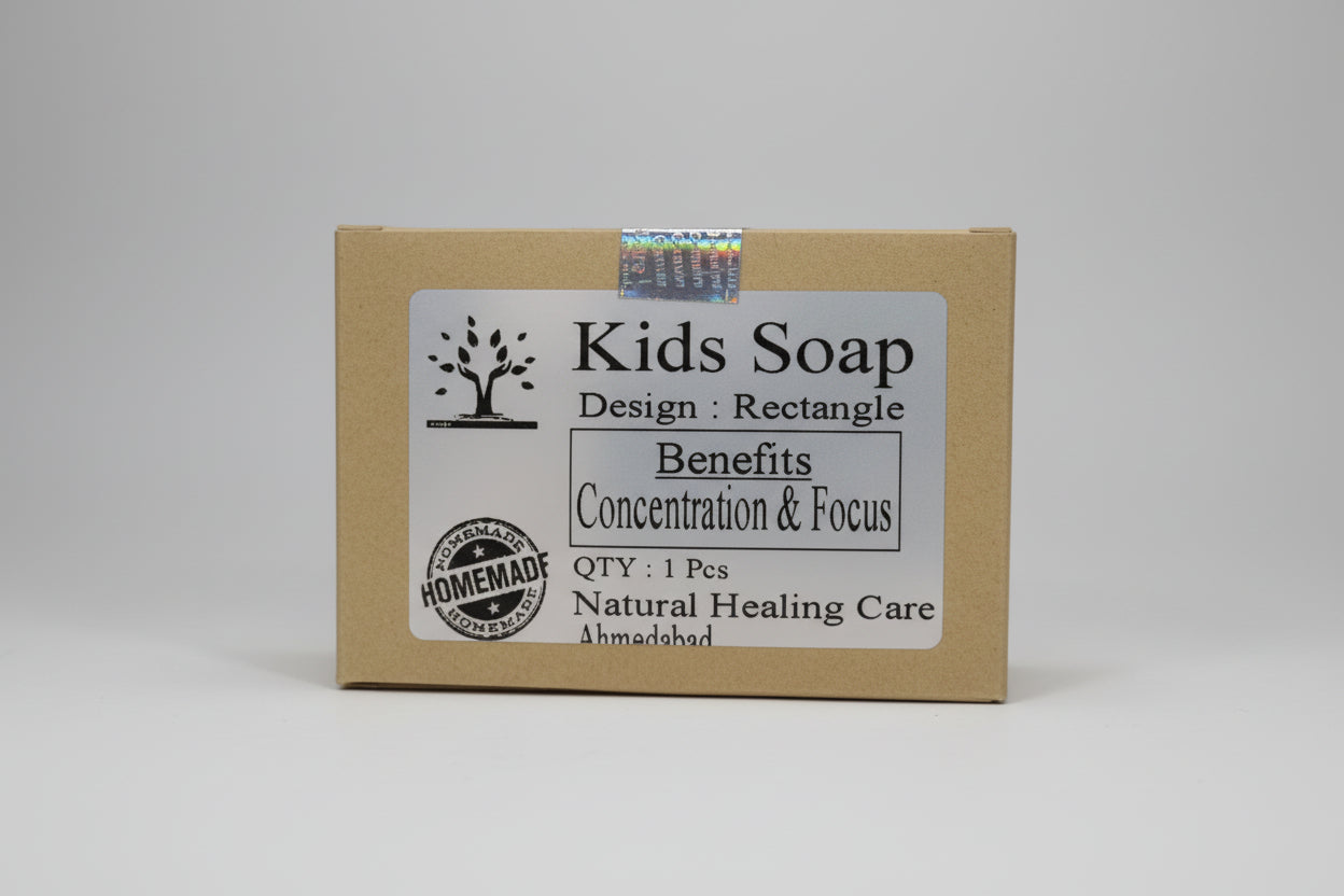 Packaged bar of Kids Soap with a label stating 'Benefits: Concentration & Focus' and 'Natural Healing Care' from Ahmedabad.