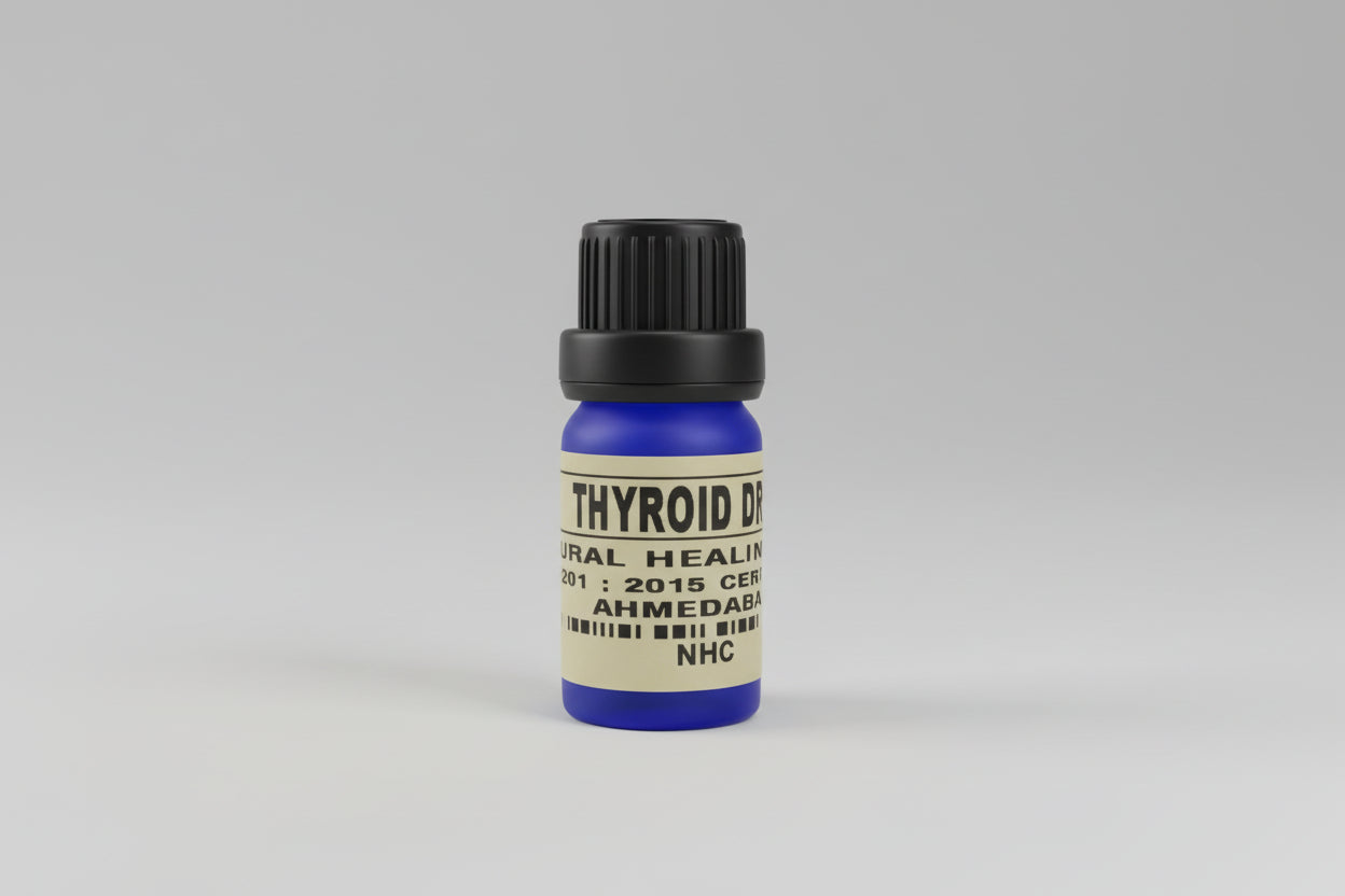 A small blue bottle with a black cap labeled 'THYROID' placed on a wooden surface.