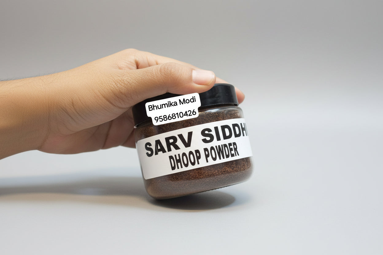A hand holding a jar labeled 'SARV SIDDH DHOOP POWDER' on a red background.