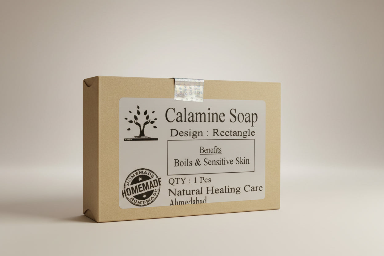 Packaged Calamine soap bar with a label indicating it is suitable for sensitive skin, made by Natural Healing Care.