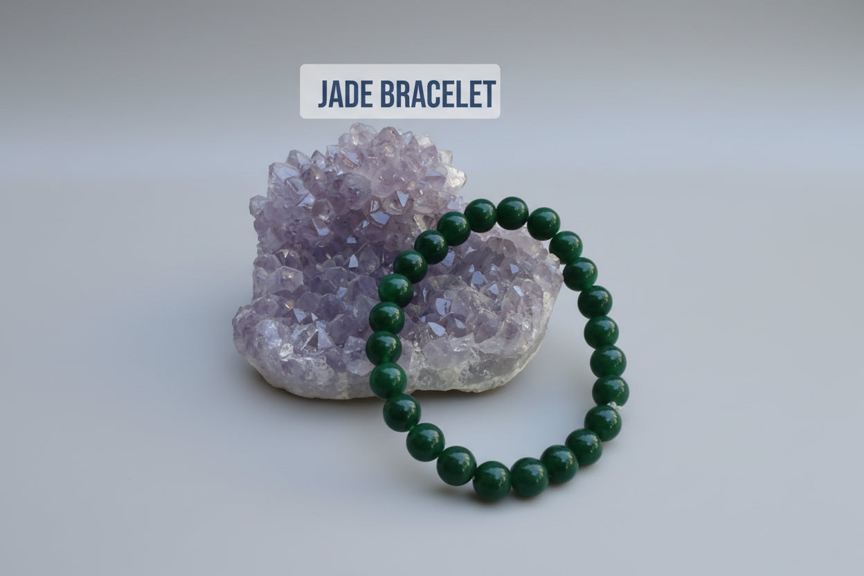 A green jade bracelet displayed on a white surface with a purple crystal cluster in the background, accompanied by visual icons indicating luck, harmony, and prosperity.